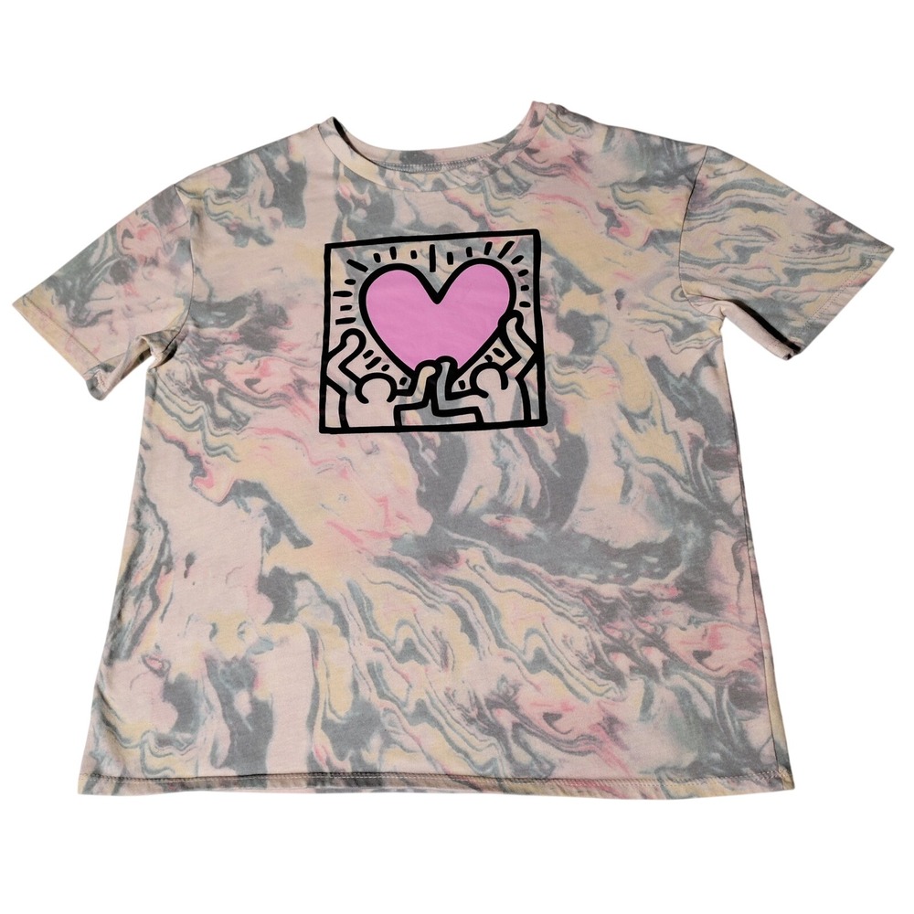 Keith Haring Pink Heart Graphic T Shirt Tie Dye Multi Color Size LG (10-12) Girl
